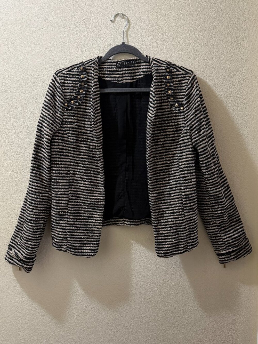 Black & Cream Striped Open Front Blazer